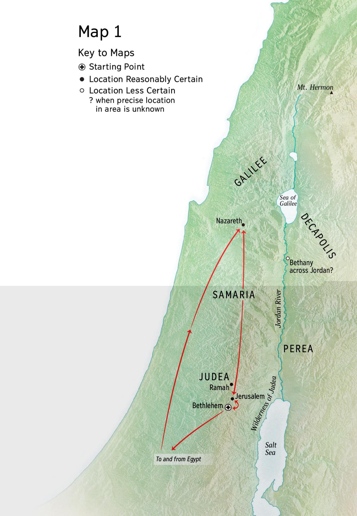 Map of locations related to Iesoh {Aram. Yshoa}’ life: Bethlehem, Nazareth, Yerushalom